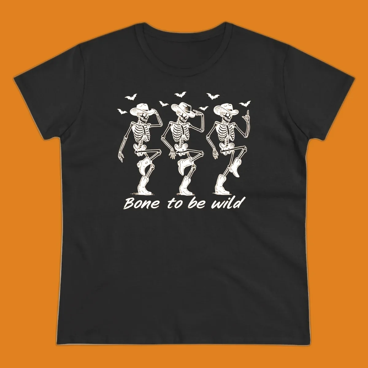 Three dancing skeletons in cowboy hats and boots with bats and the phrase 'Bone to be wild', bone-to-be-wild-cowboy