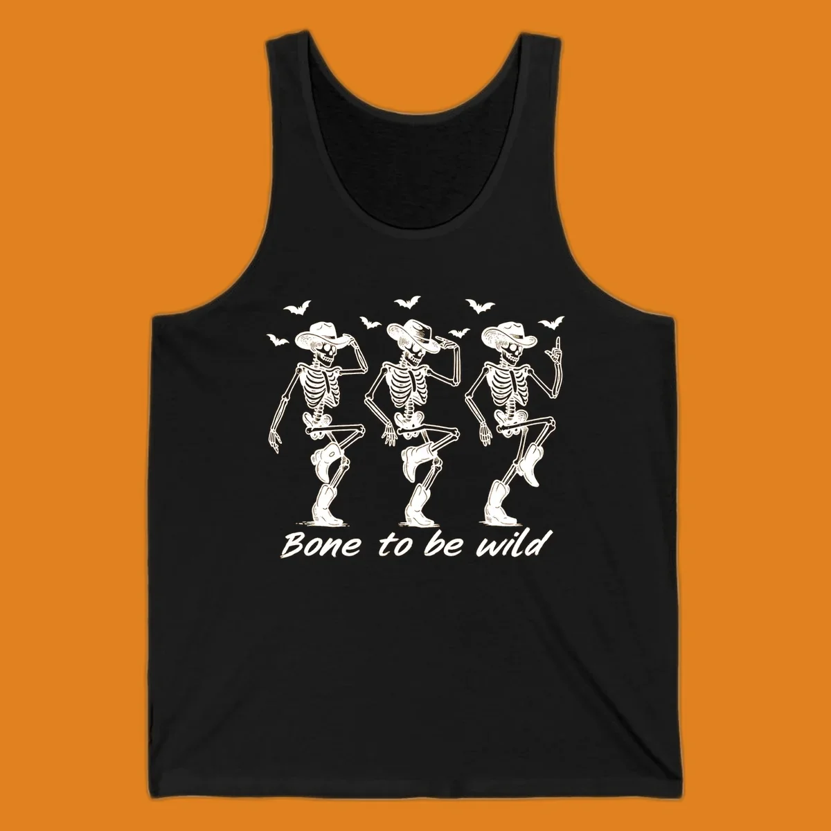 Three dancing skeletons in cowboy hats and boots with bats and the phrase 'Bone to be wild', bone-to-be-wild-cowboy