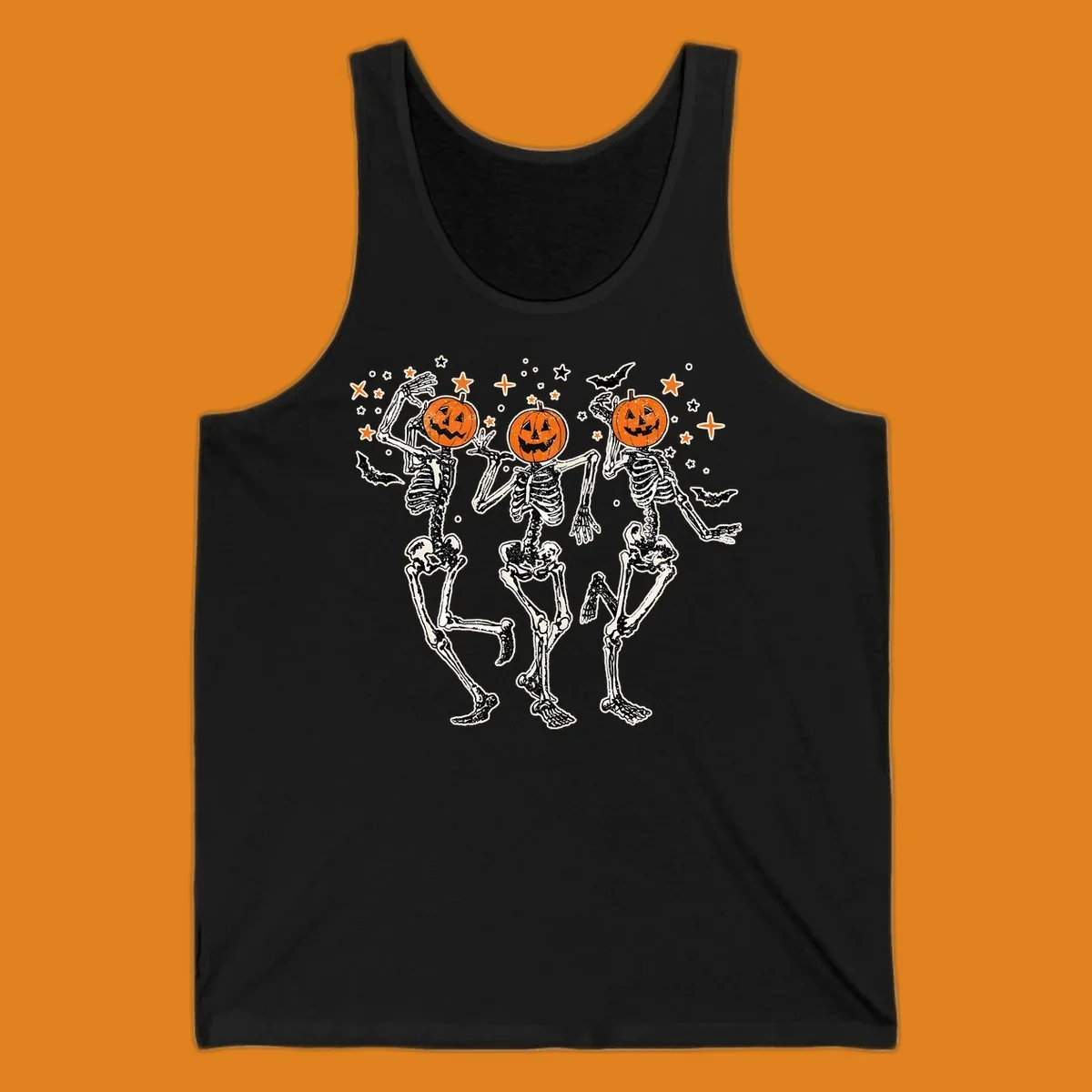 Dancing skeletons with pumpkin heads, bats, and stars illustration for Halloween.