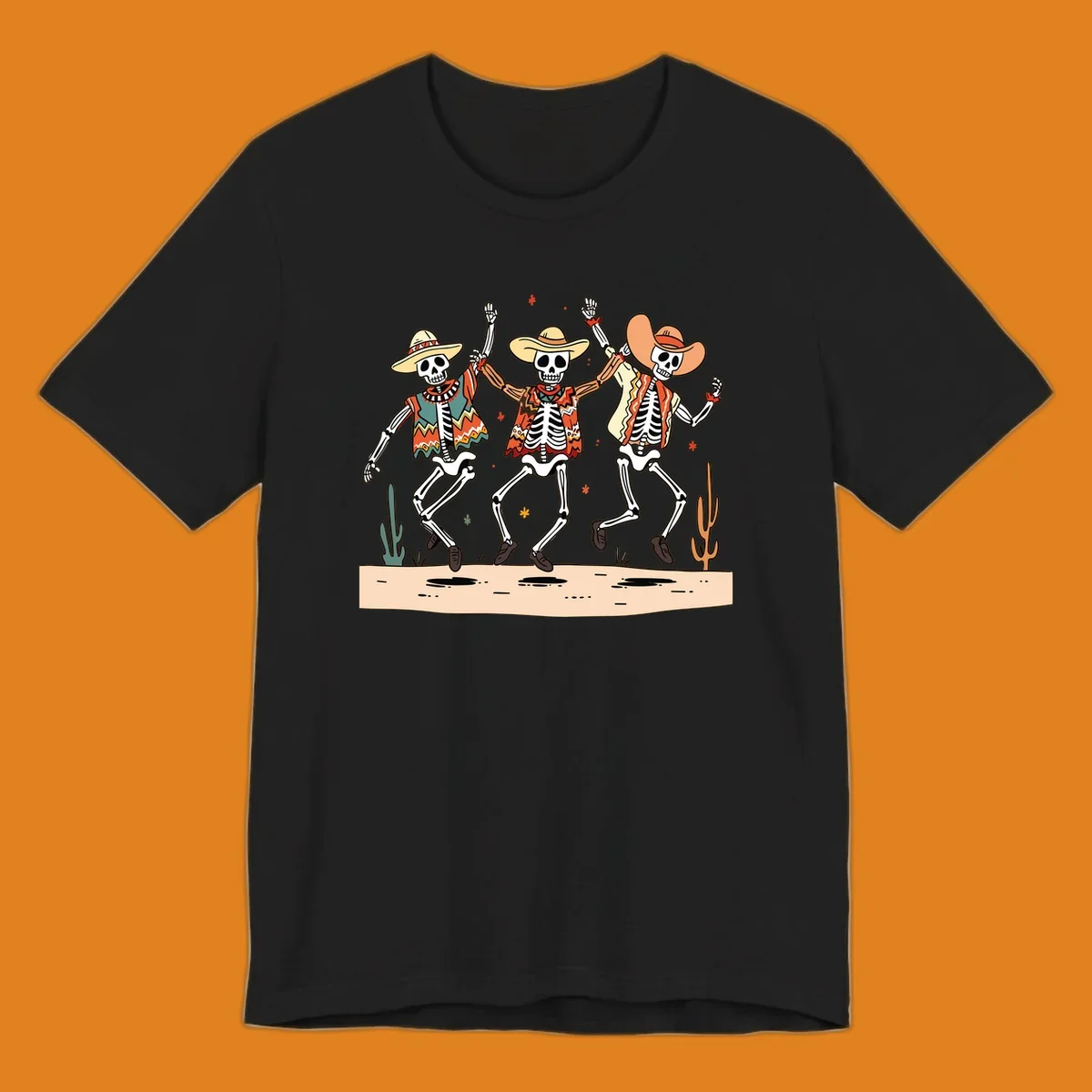 Three dancing skeletons in festive Mexican attire and sombreros, against a dark background with desert elements.