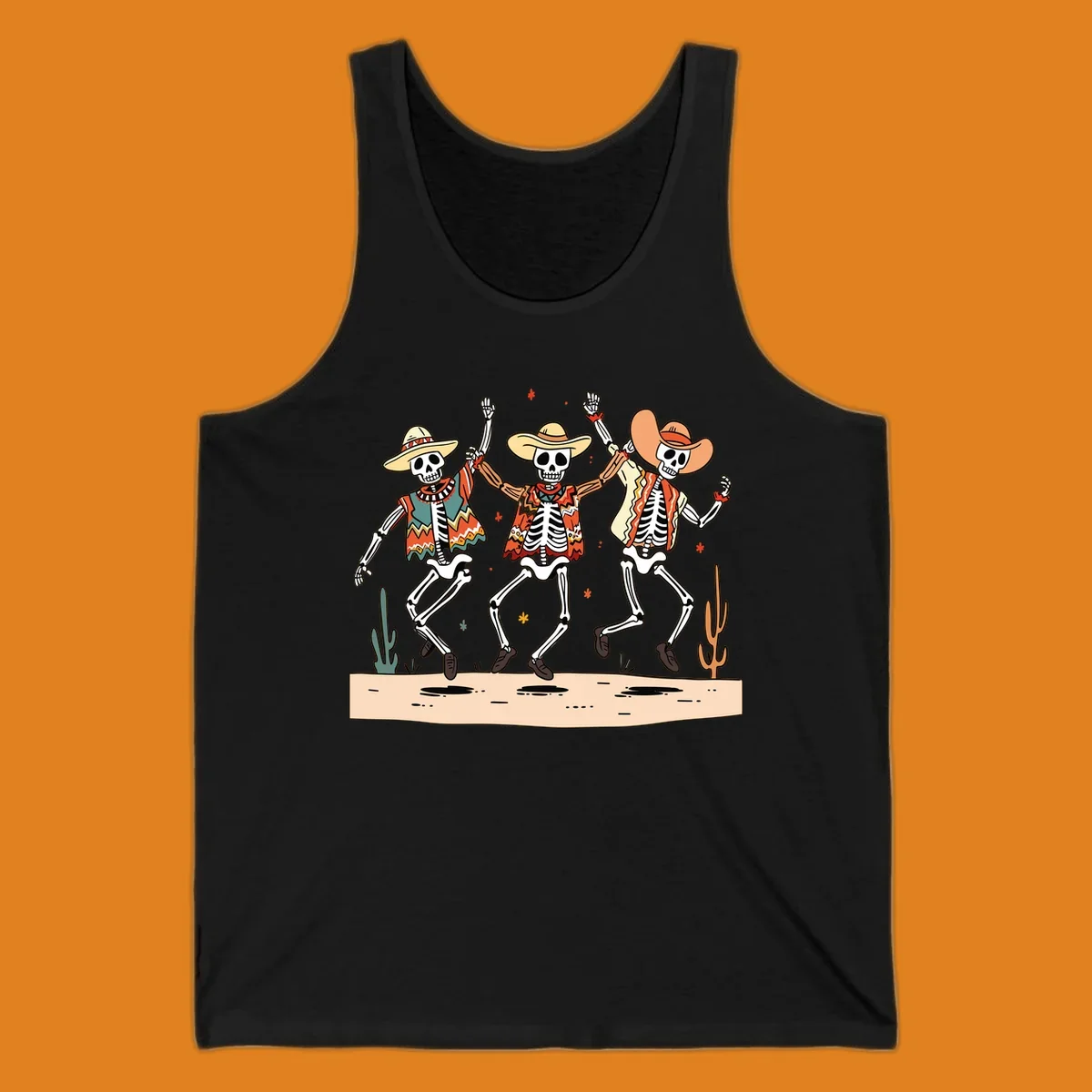 Three dancing skeletons in festive Mexican attire and sombreros, against a dark background with desert elements.