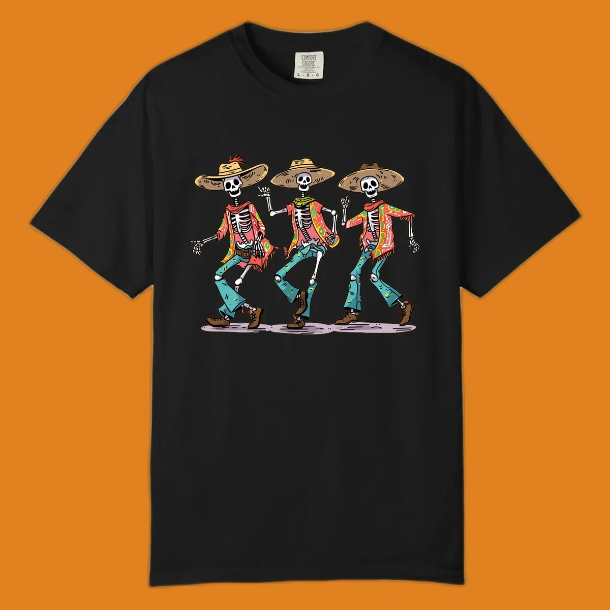 Three dancing skeletons wearing sombreros and colorful patterned shirts, inspired by Dia de los Muertos.