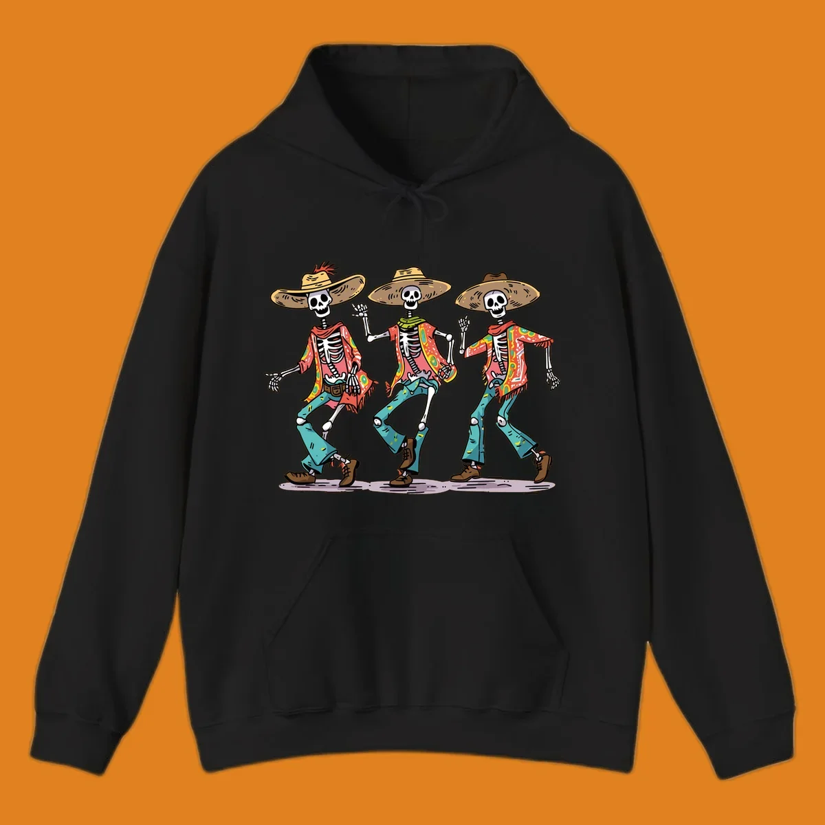 Three dancing skeletons wearing sombreros and colorful patterned shirts, inspired by Dia de los Muertos.