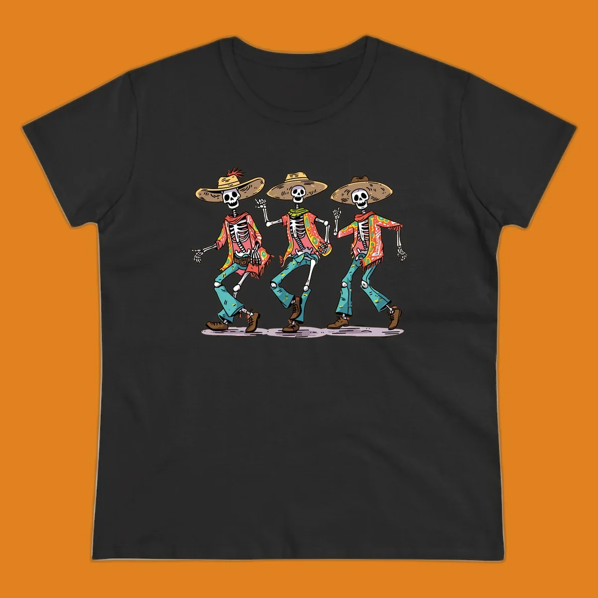 Three dancing skeletons wearing sombreros and colorful patterned shirts, inspired by Dia de los Muertos.