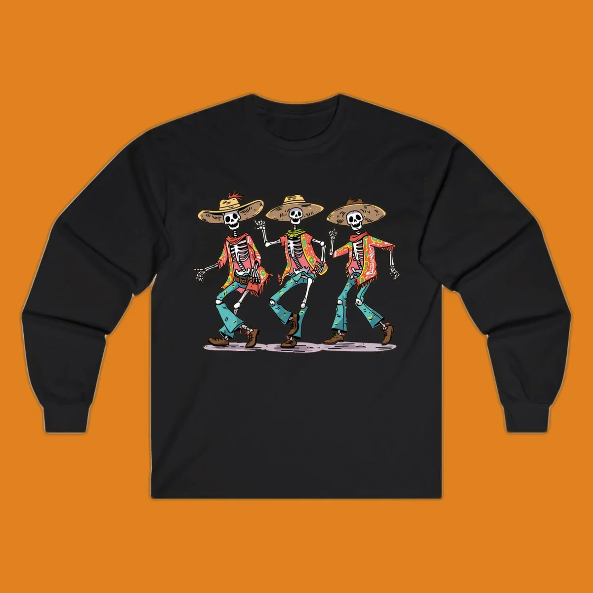 Three dancing skeletons wearing sombreros and colorful patterned shirts, inspired by Dia de los Muertos.