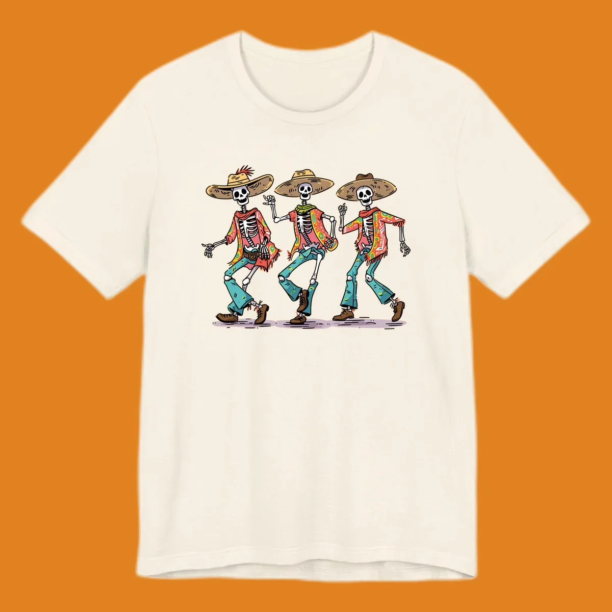 Three dancing skeletons wearing sombreros and colorful patterned shirts, inspired by Dia de los Muertos.