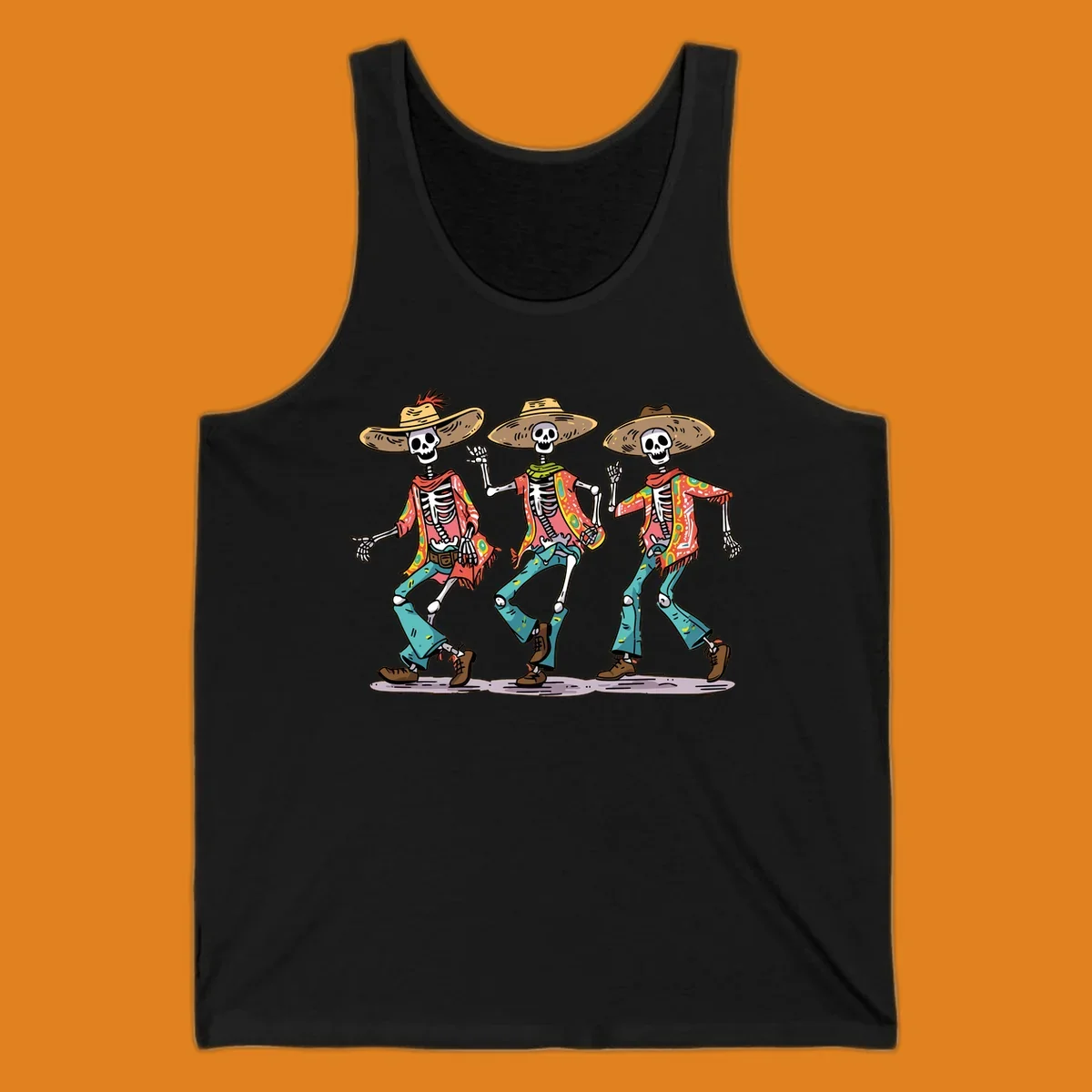 Three dancing skeletons wearing sombreros and colorful patterned shirts, inspired by Dia de los Muertos.