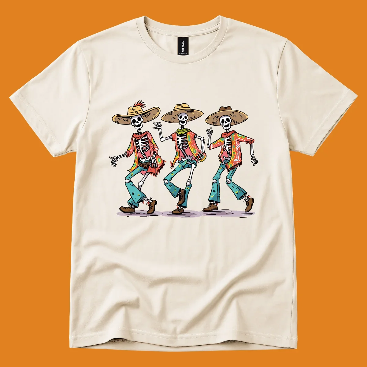 Three dancing skeletons wearing sombreros and colorful patterned shirts, inspired by Dia de los Muertos.