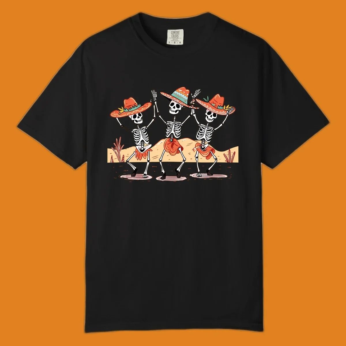 Three dancing skeletons in sombreros and skirts, desert landscape, skeleton-fiesta-dance