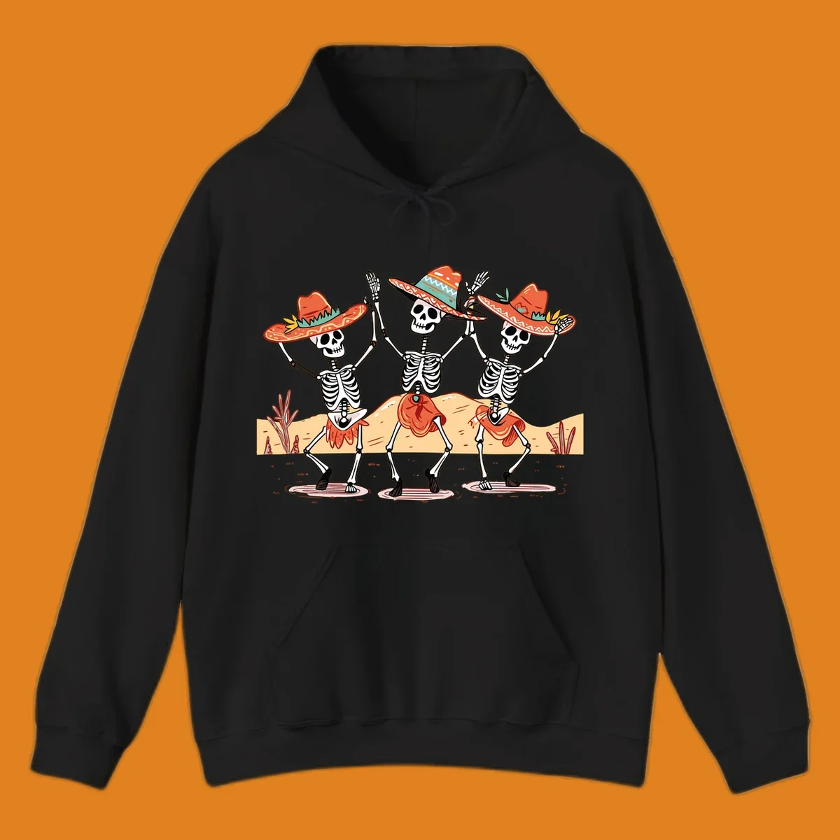Three dancing skeletons in sombreros and skirts, desert landscape, skeleton-fiesta-dance