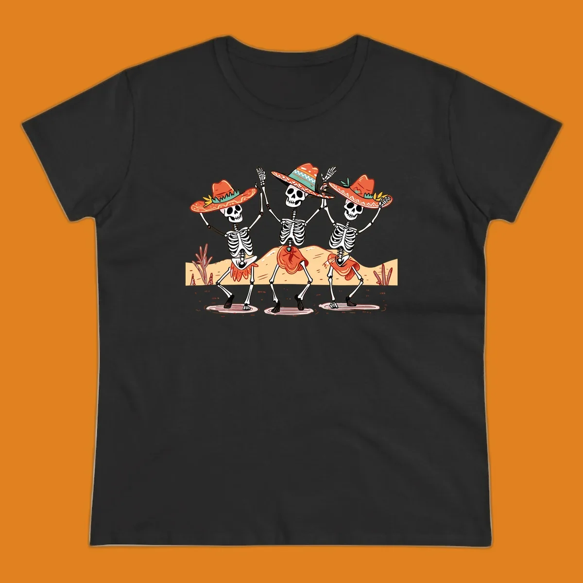 Three dancing skeletons in sombreros and skirts, desert landscape, skeleton-fiesta-dance