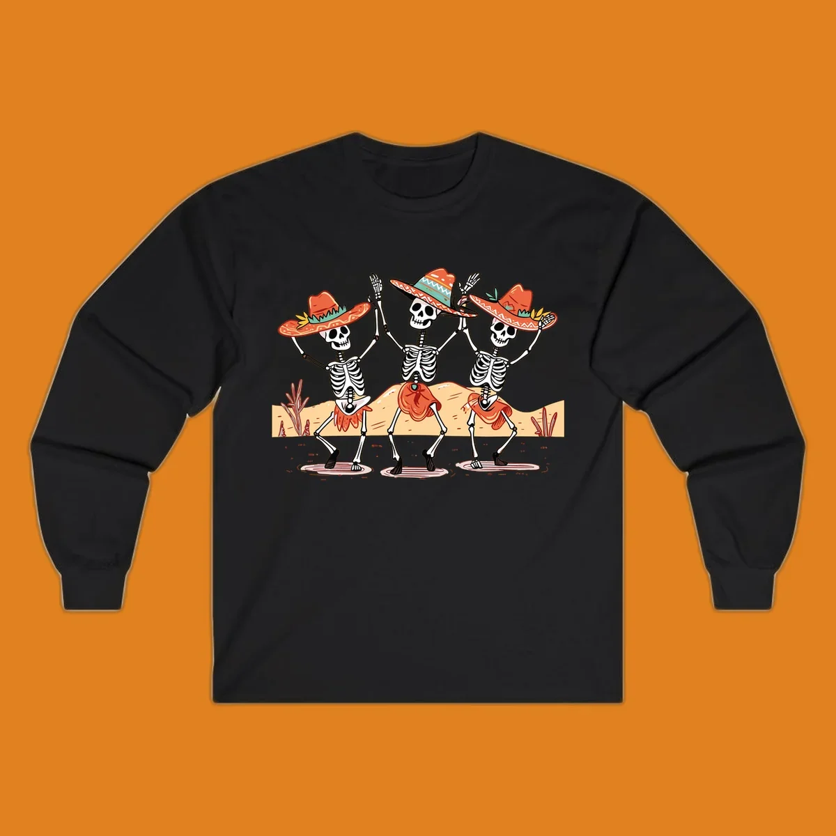 Three dancing skeletons in sombreros and skirts, desert landscape, skeleton-fiesta-dance