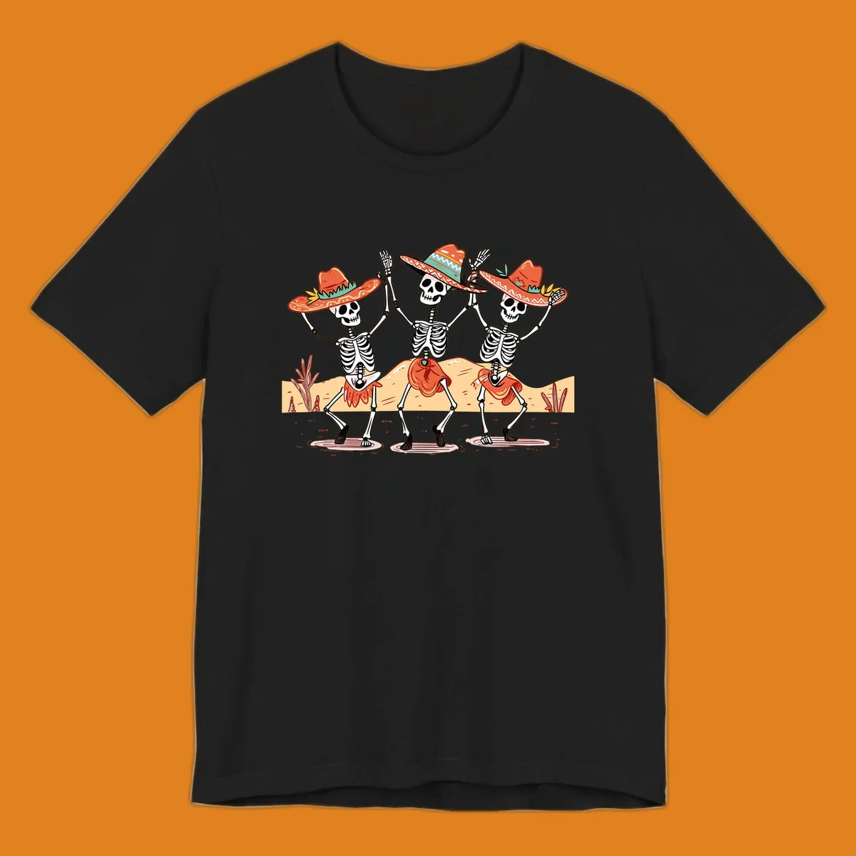 Three dancing skeletons in sombreros and skirts, desert landscape, skeleton-fiesta-dance