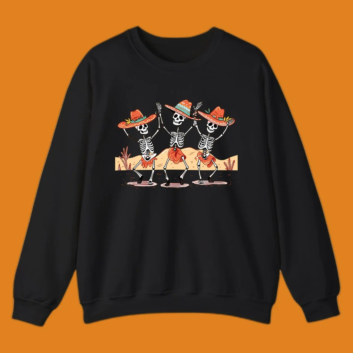 Three dancing skeletons in sombreros and skirts, desert landscape, skeleton-fiesta-dance