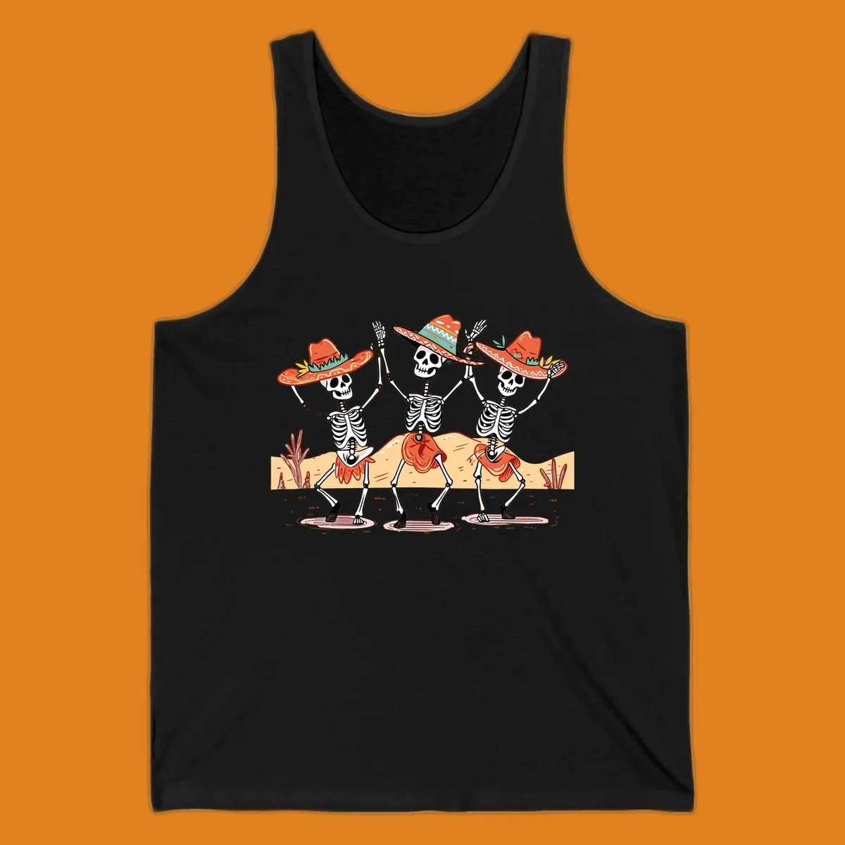 Three dancing skeletons in sombreros and skirts, desert landscape, skeleton-fiesta-dance