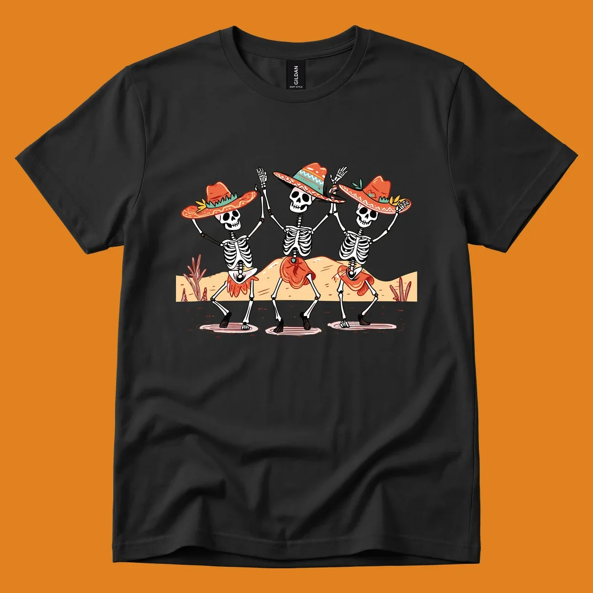 Three dancing skeletons in sombreros and skirts, desert landscape, skeleton-fiesta-dance
