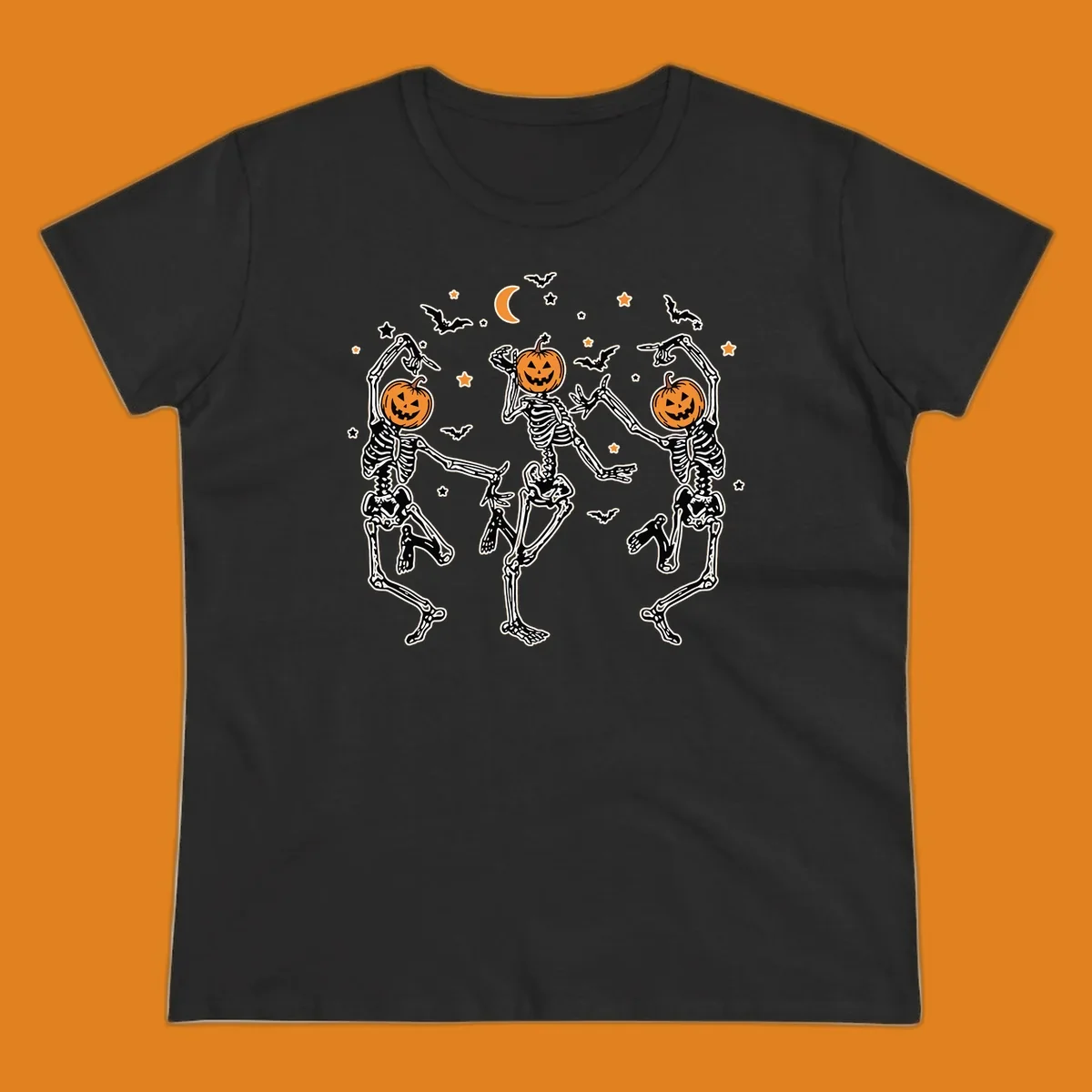 Three dancing skeletons with pumpkin heads, bats, moon, and stars illustration for Halloween.