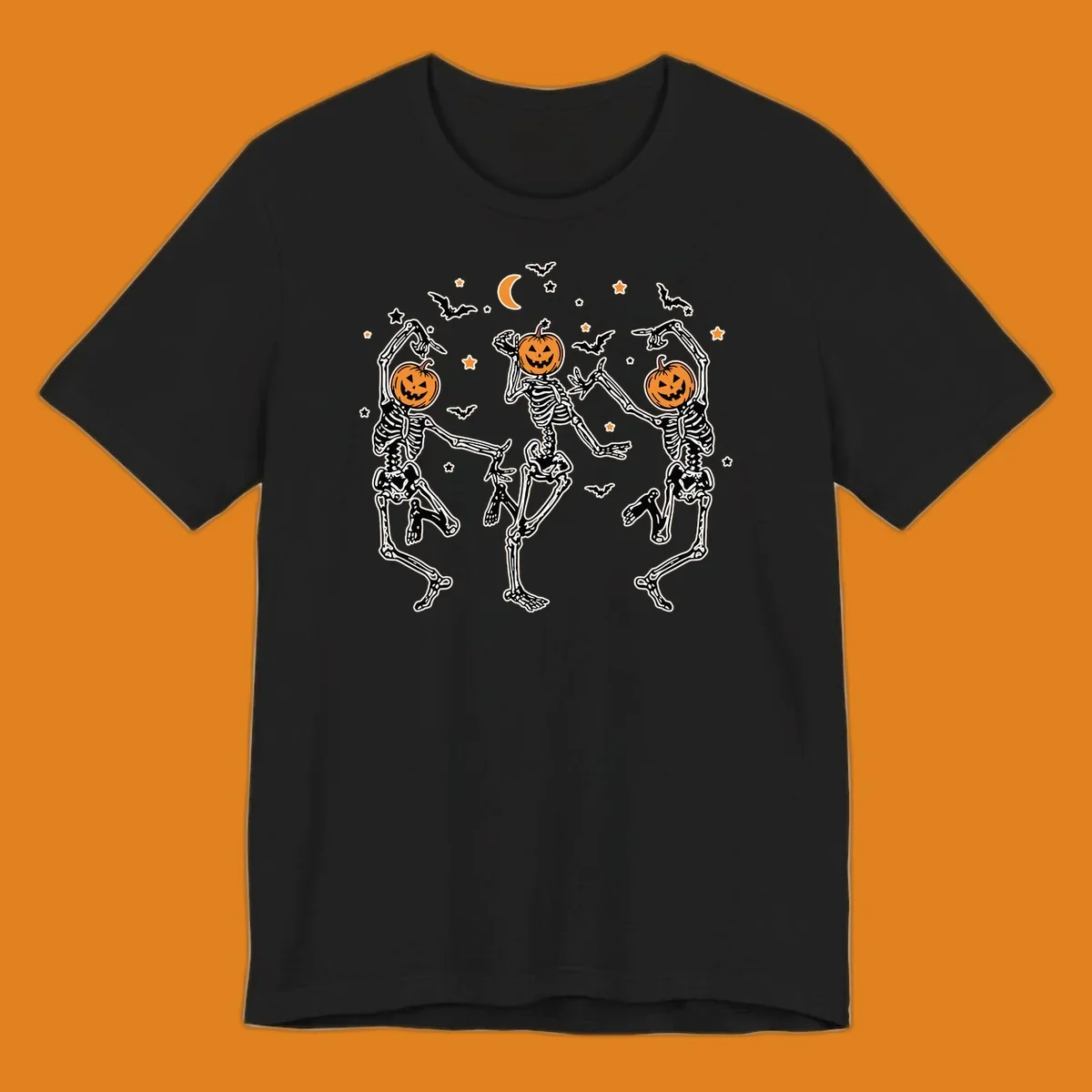 Three dancing skeletons with pumpkin heads, bats, moon, and stars illustration for Halloween.