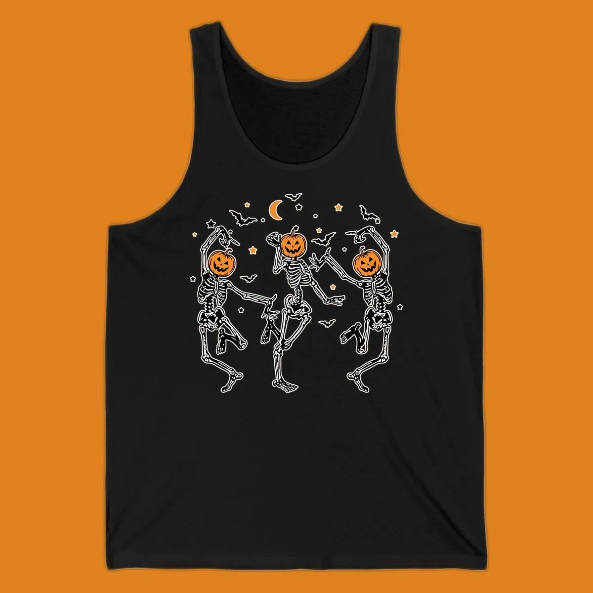 Three dancing skeletons with pumpkin heads, bats, moon, and stars illustration for Halloween.