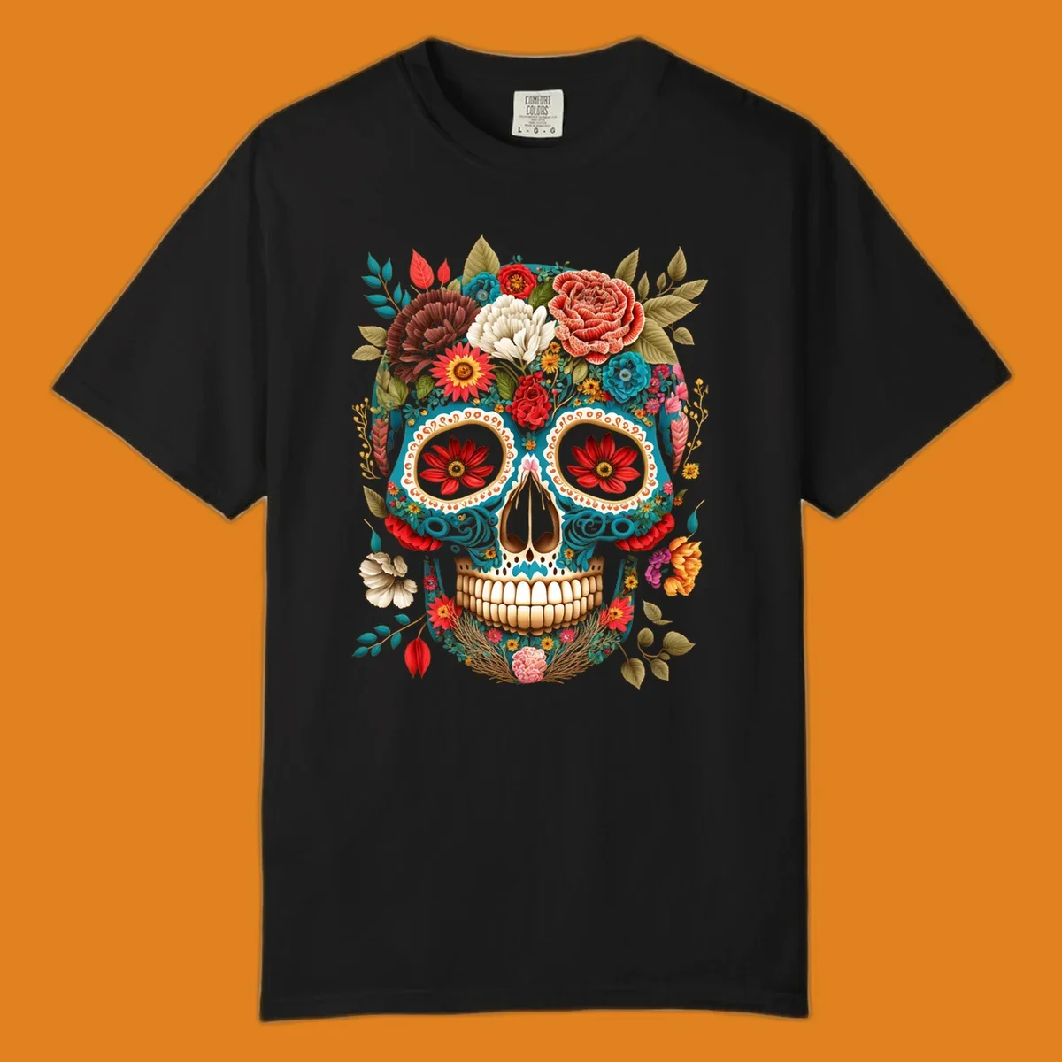 A vibrant floral calavera skull illustration adorned with colorful flowers and leaves in teal, gold, red, and white.