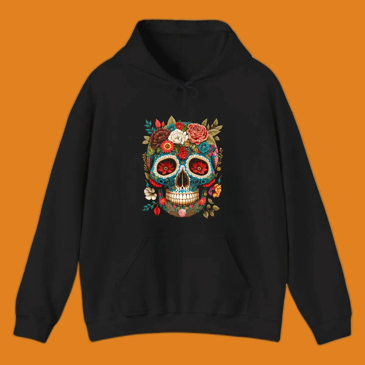 A vibrant floral calavera skull illustration adorned with colorful flowers and leaves in teal, gold, red, and white.