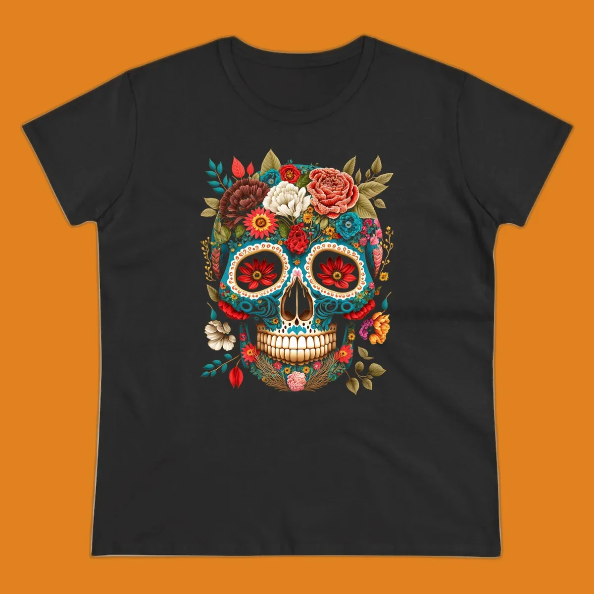 A vibrant floral calavera skull illustration adorned with colorful flowers and leaves in teal, gold, red, and white.