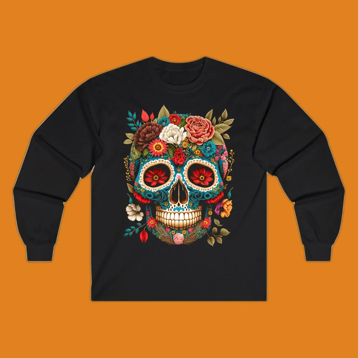 A vibrant floral calavera skull illustration adorned with colorful flowers and leaves in teal, gold, red, and white.