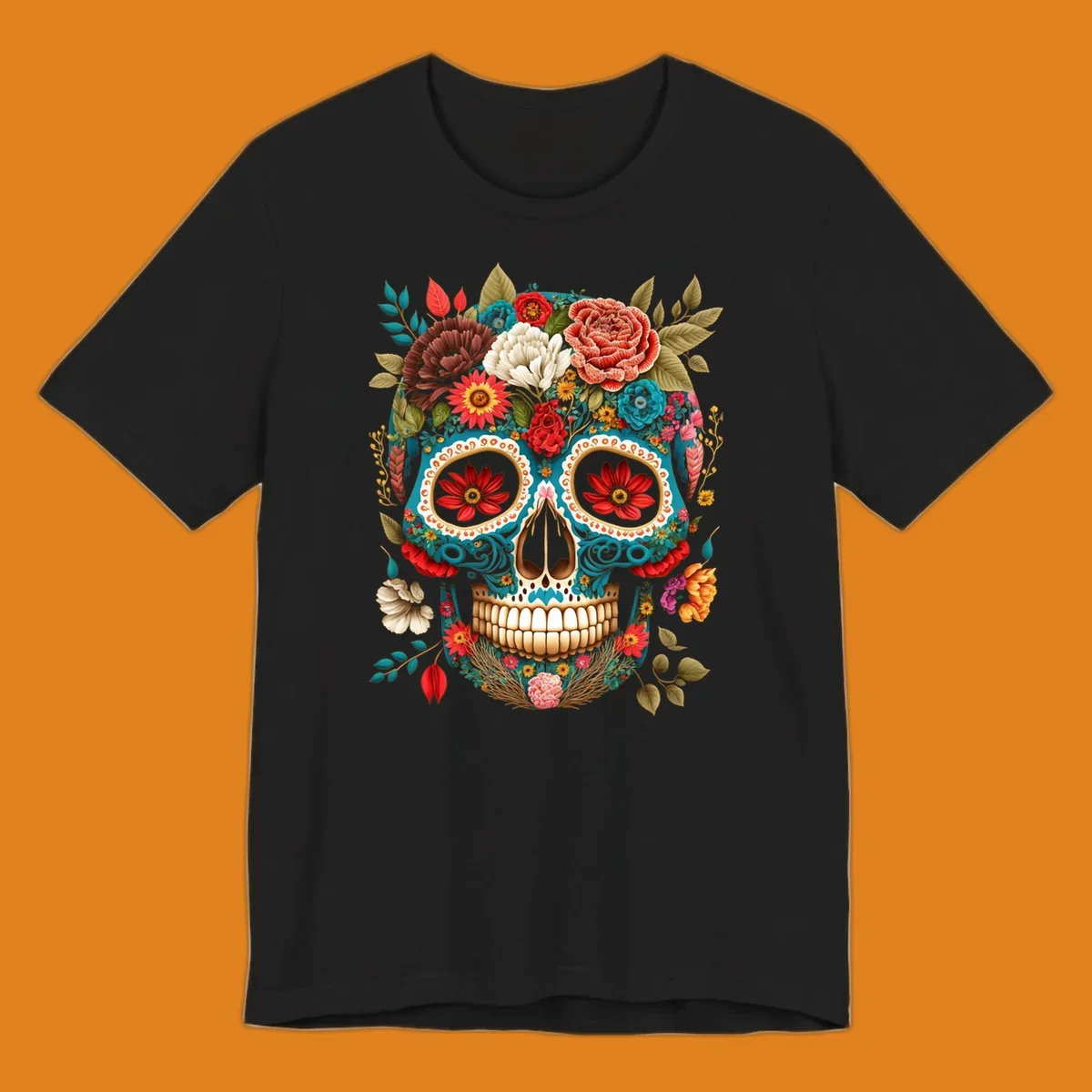 A vibrant floral calavera skull illustration adorned with colorful flowers and leaves in teal, gold, red, and white.