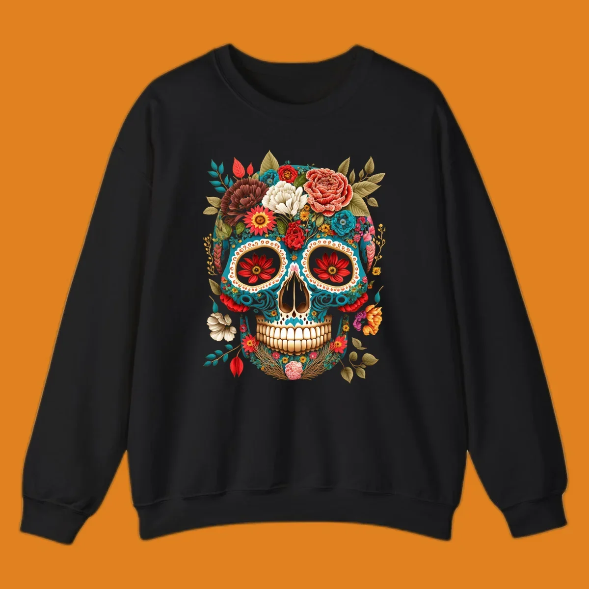 A vibrant floral calavera skull illustration adorned with colorful flowers and leaves in teal, gold, red, and white.