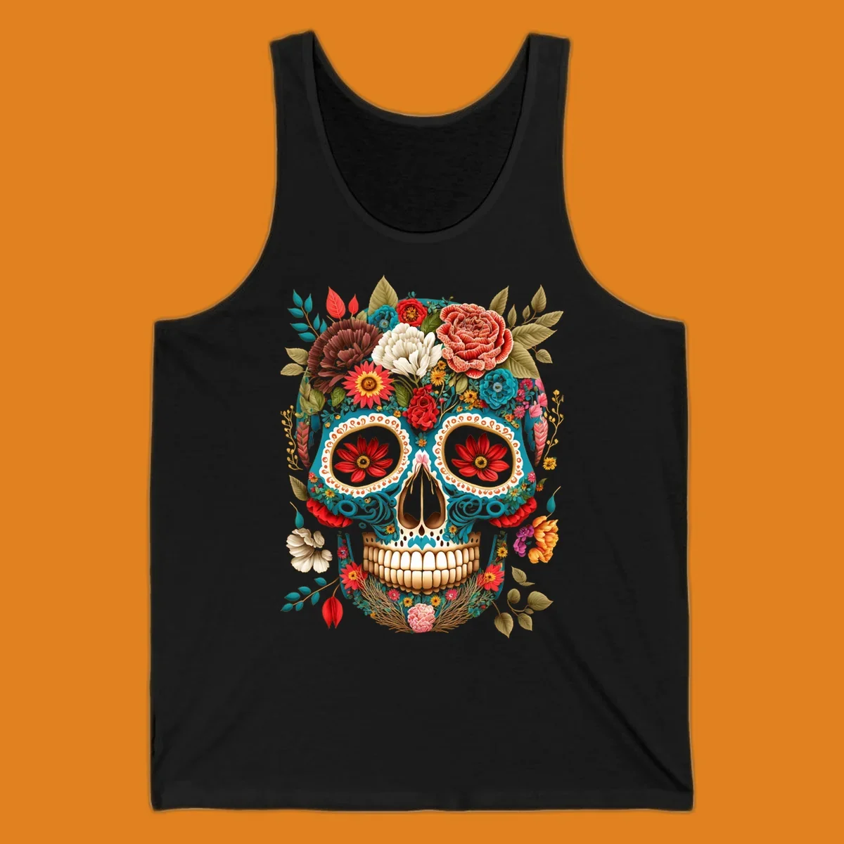 A vibrant floral calavera skull illustration adorned with colorful flowers and leaves in teal, gold, red, and white.
