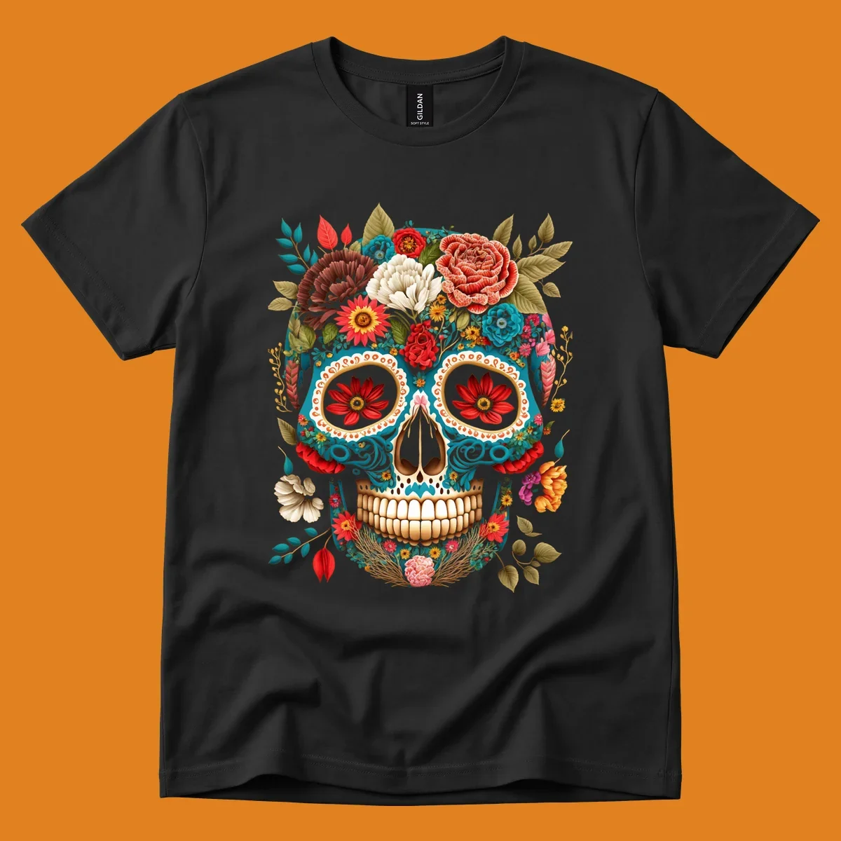 A vibrant floral calavera skull illustration adorned with colorful flowers and leaves in teal, gold, red, and white.