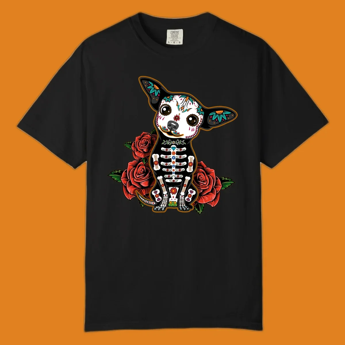 A Día de los Muertos chihuahua dog, adorned with a sugar skull face and skeleton body, sitting among red roses.