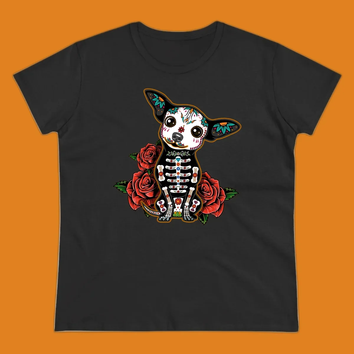 A Día de los Muertos chihuahua dog, adorned with a sugar skull face and skeleton body, sitting among red roses.