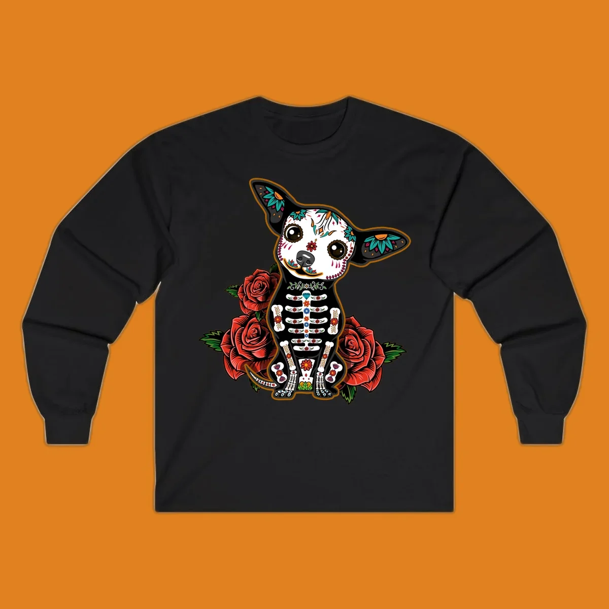 A Día de los Muertos chihuahua dog, adorned with a sugar skull face and skeleton body, sitting among red roses.