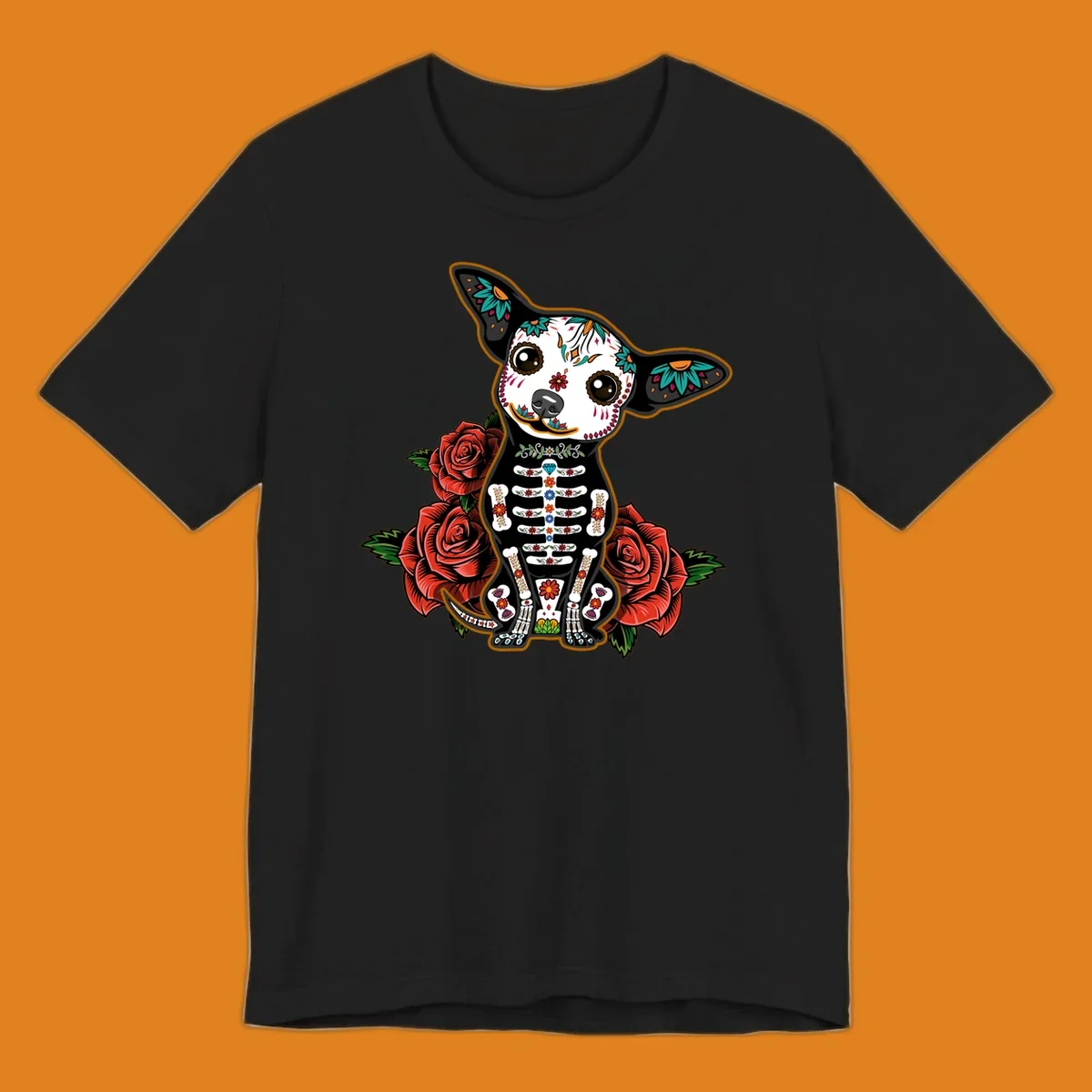 A Día de los Muertos chihuahua dog, adorned with a sugar skull face and skeleton body, sitting among red roses.
