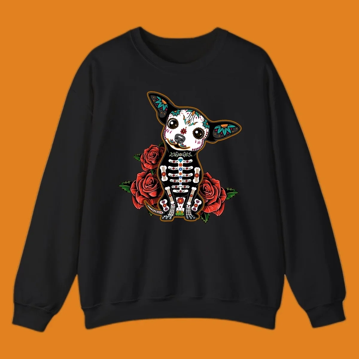 A Día de los Muertos chihuahua dog, adorned with a sugar skull face and skeleton body, sitting among red roses.