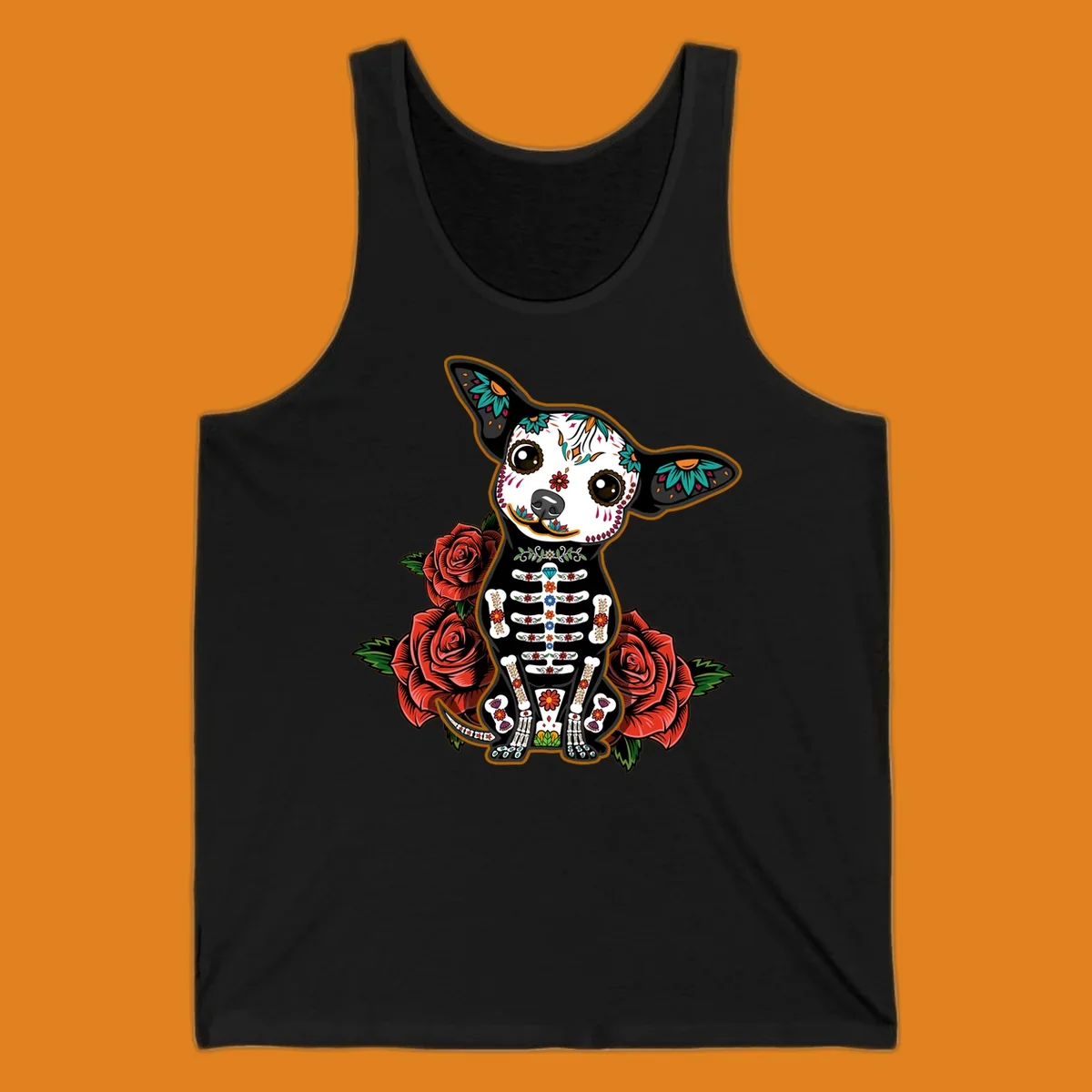 A Día de los Muertos chihuahua dog, adorned with a sugar skull face and skeleton body, sitting among red roses.