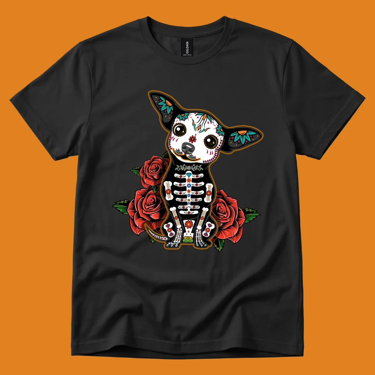 A Día de los Muertos chihuahua dog, adorned with a sugar skull face and skeleton body, sitting among red roses.