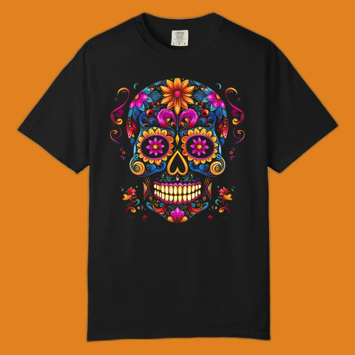 A vibrant floral calavera sugar skull illustration, rich with colorful flowers and swirling patterns.