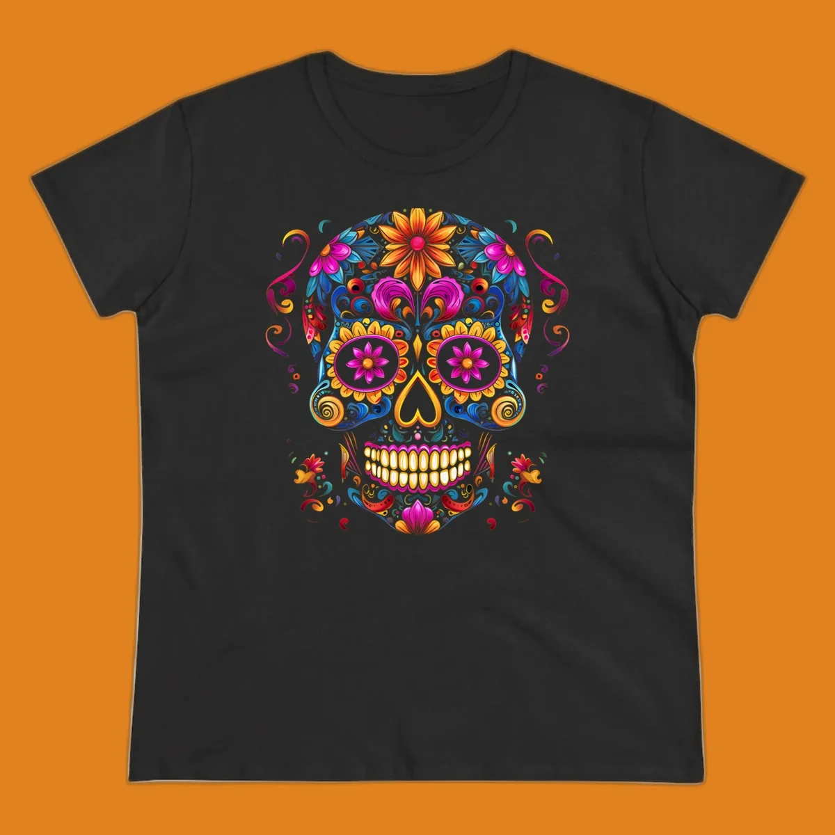 A vibrant floral calavera sugar skull illustration, rich with colorful flowers and swirling patterns.