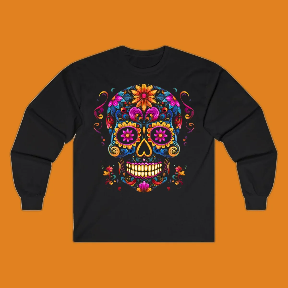A vibrant floral calavera sugar skull illustration, rich with colorful flowers and swirling patterns.