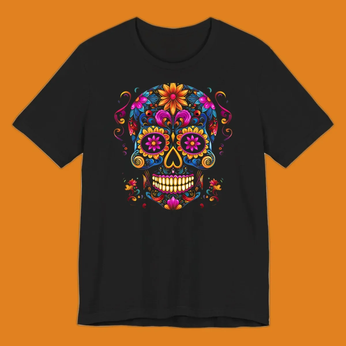 A vibrant floral calavera sugar skull illustration, rich with colorful flowers and swirling patterns.
