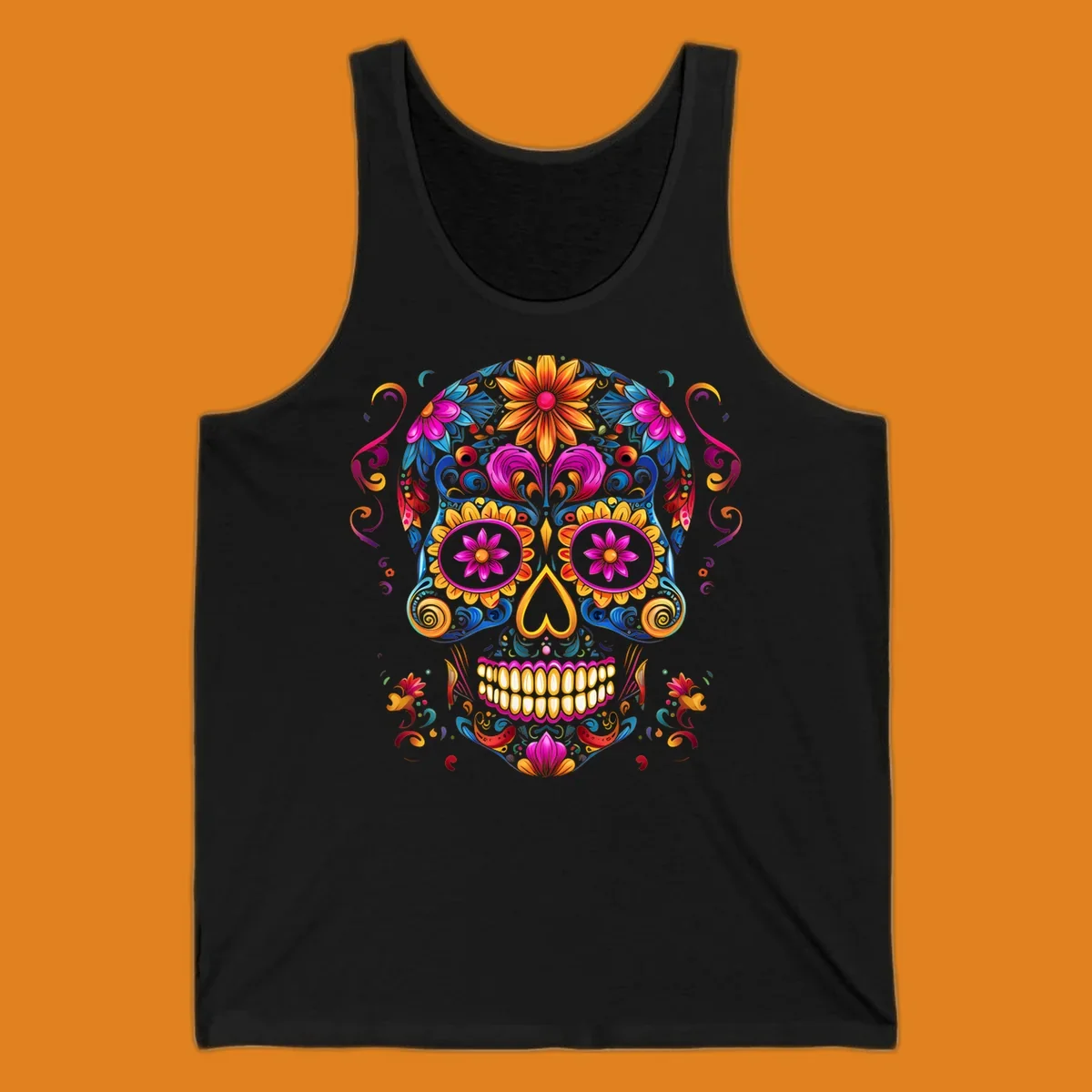 A vibrant floral calavera sugar skull illustration, rich with colorful flowers and swirling patterns.