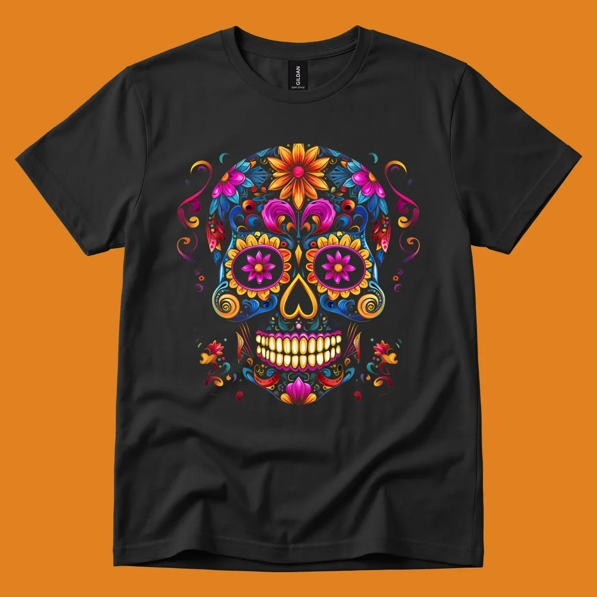 A vibrant floral calavera sugar skull illustration, rich with colorful flowers and swirling patterns.