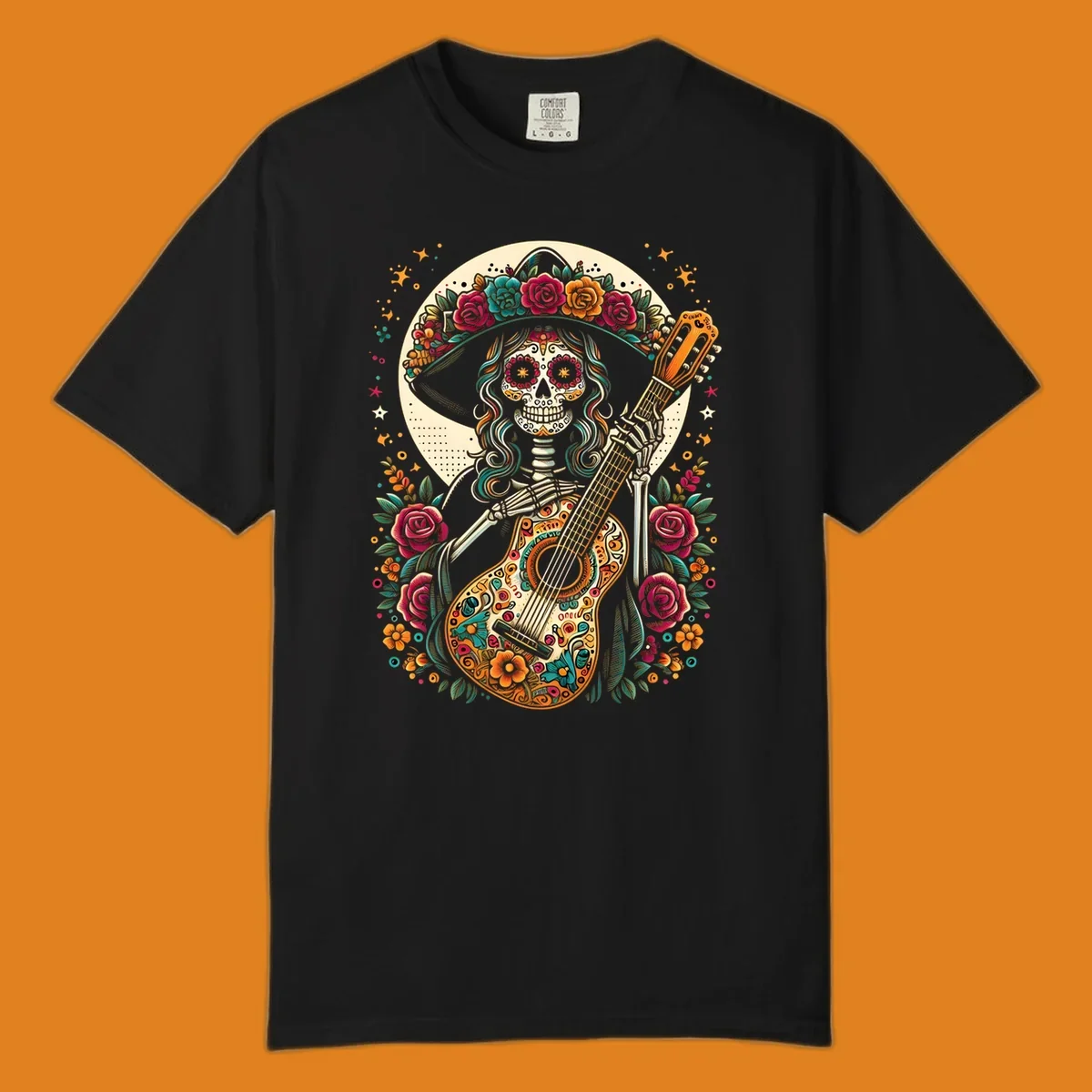A vibrant calavera guitar player skeleton with a floral crown and decorated guitar, set against a circular moon.