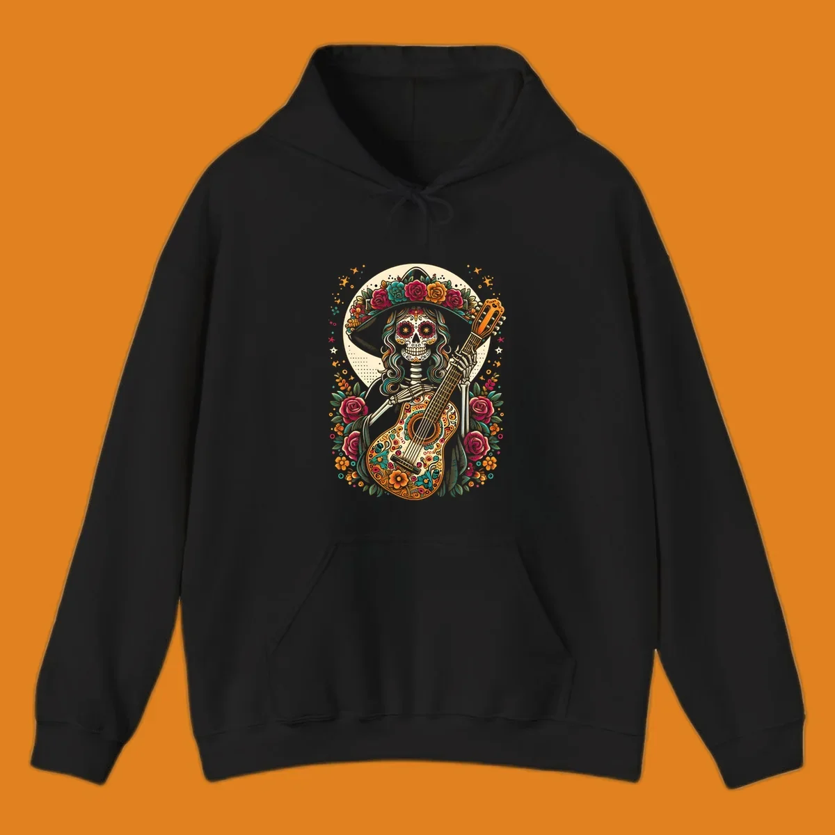 A vibrant calavera guitar player skeleton with a floral crown and decorated guitar, set against a circular moon.