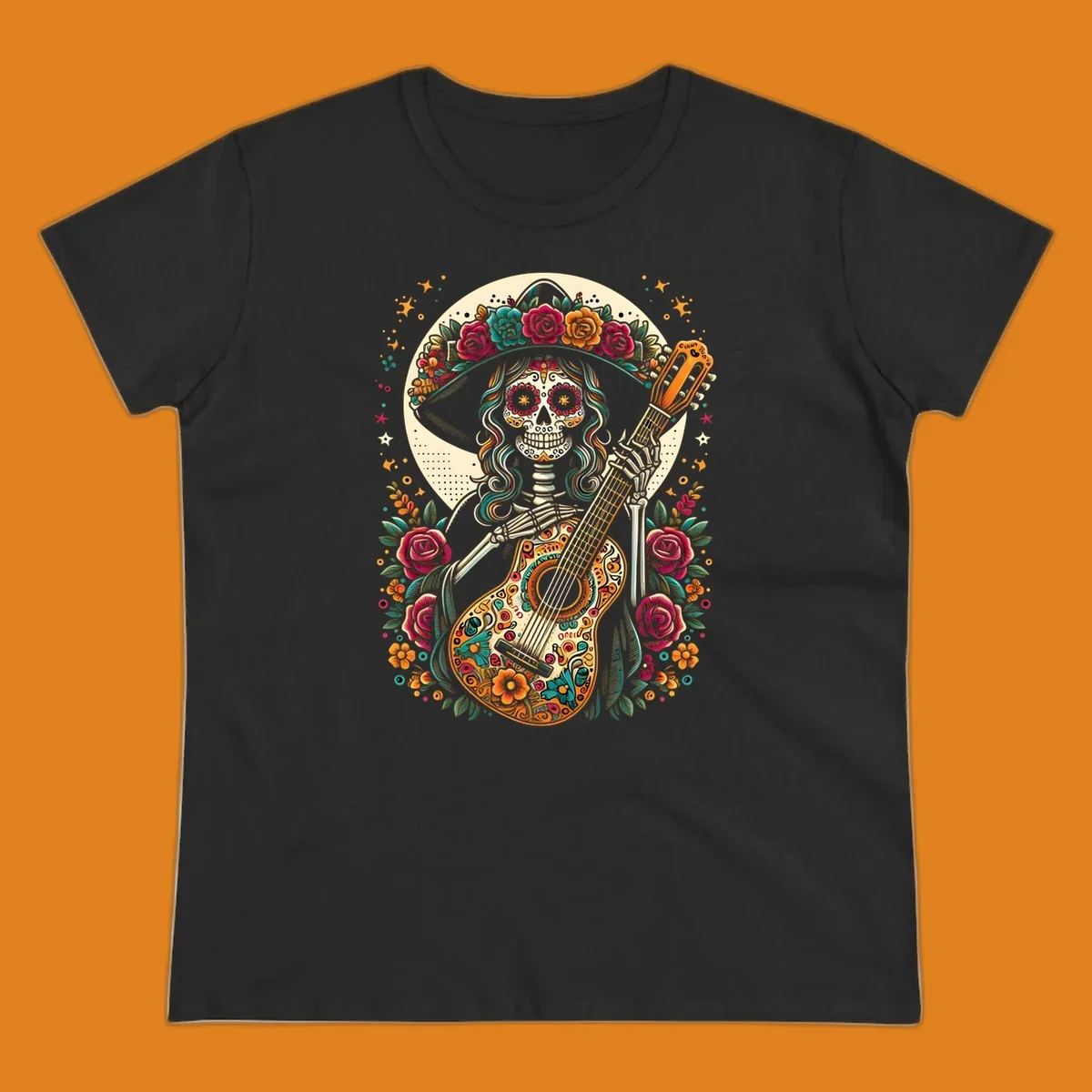 A vibrant calavera guitar player skeleton with a floral crown and decorated guitar, set against a circular moon.