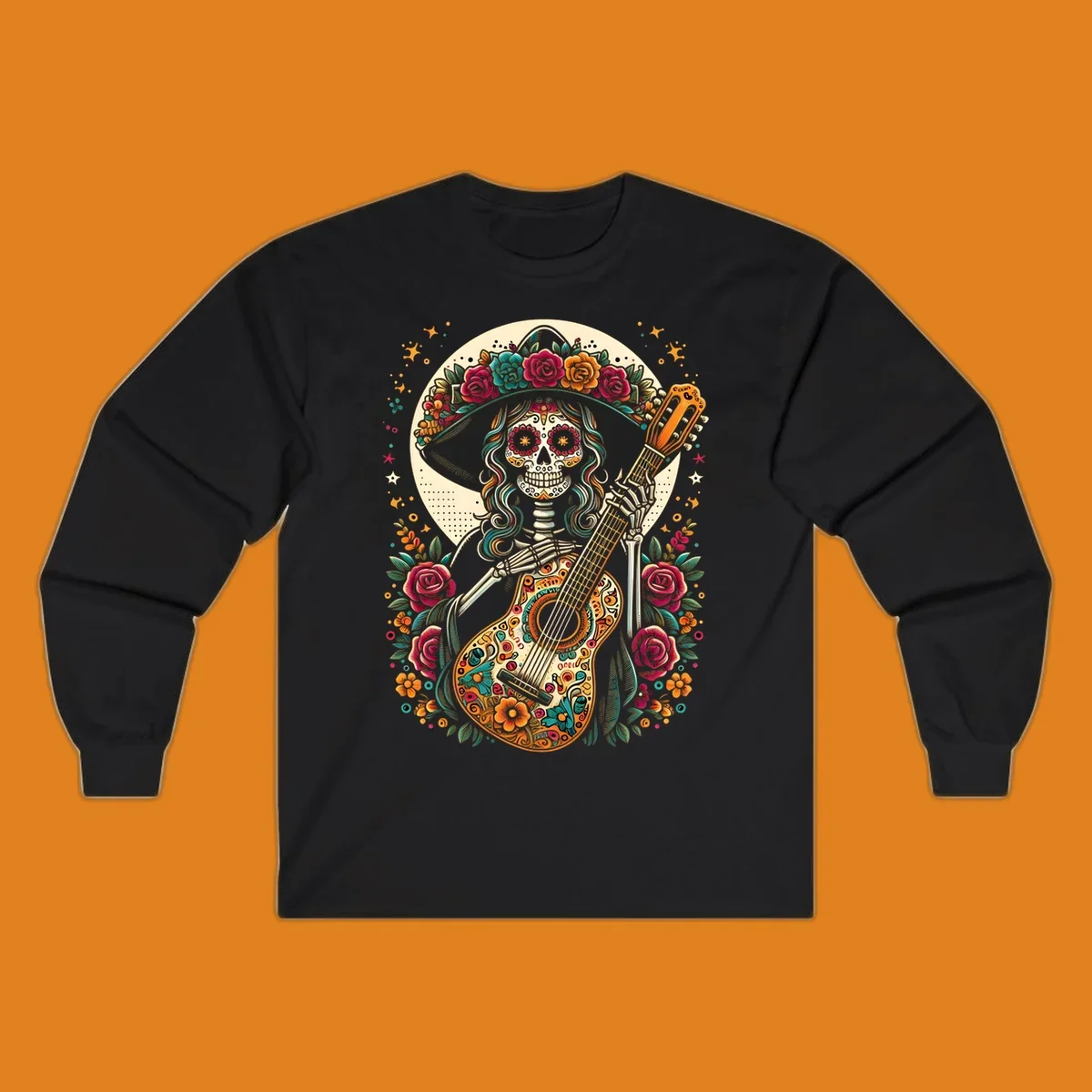 A vibrant calavera guitar player skeleton with a floral crown and decorated guitar, set against a circular moon.