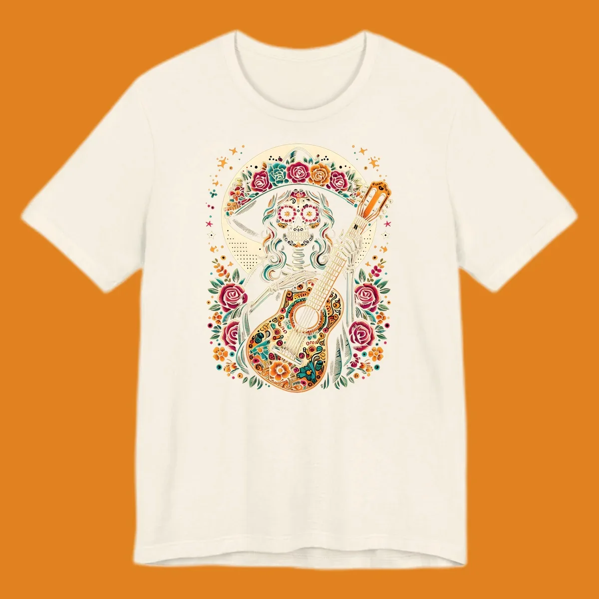 A vibrant calavera guitar player skeleton with a floral crown and decorated guitar, set against a circular moon.