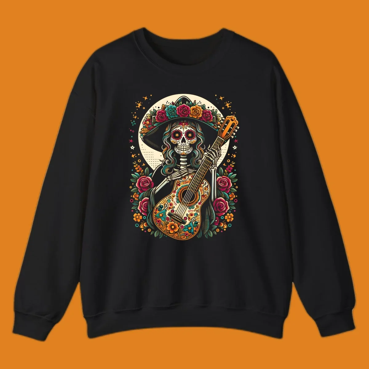 A vibrant calavera guitar player skeleton with a floral crown and decorated guitar, set against a circular moon.